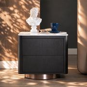 Modern Black Wood Nightstand with Faux Stone Top and Brushed Metal Base